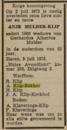 overlijdensadvertentie Anje Klip on 5 Jul 1972.